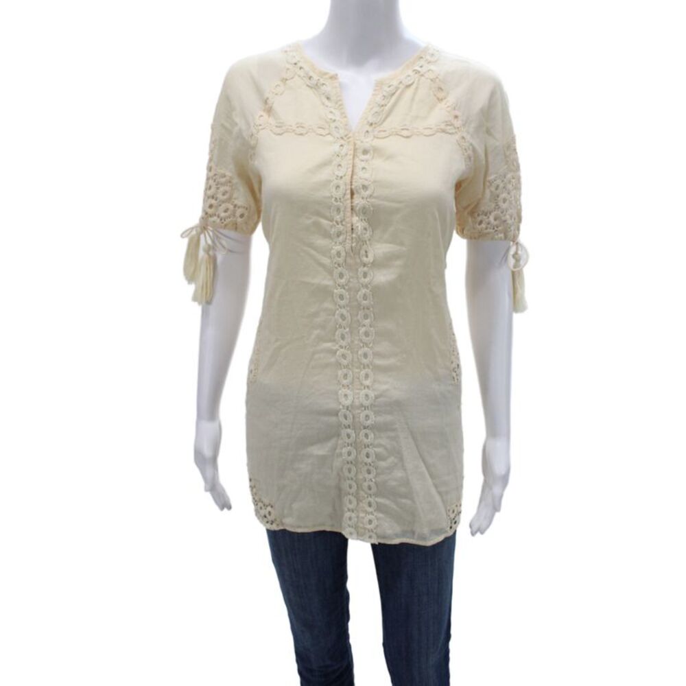 Tularosa Women Tunic Blouse Beige Cotton V-Neck Short Sleeve Boho Size XS